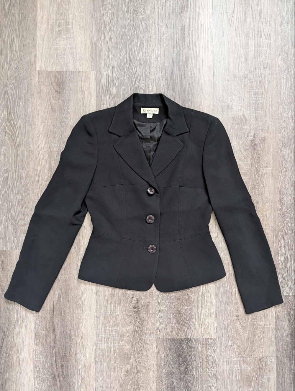 bebe San Francisco Black Blazer Womens Size 4 Peplum Fitted 3 Button Jacket